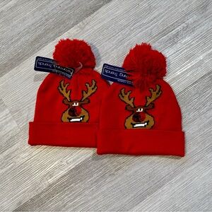 2 Matching Red Reindeer Pom Pom Beanies